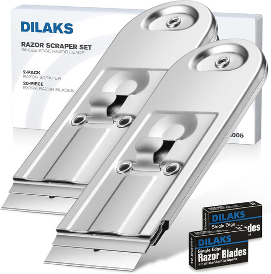 Heavy Duty All Metal Razor Scraper with 20 Extra Blades - 2 Pack