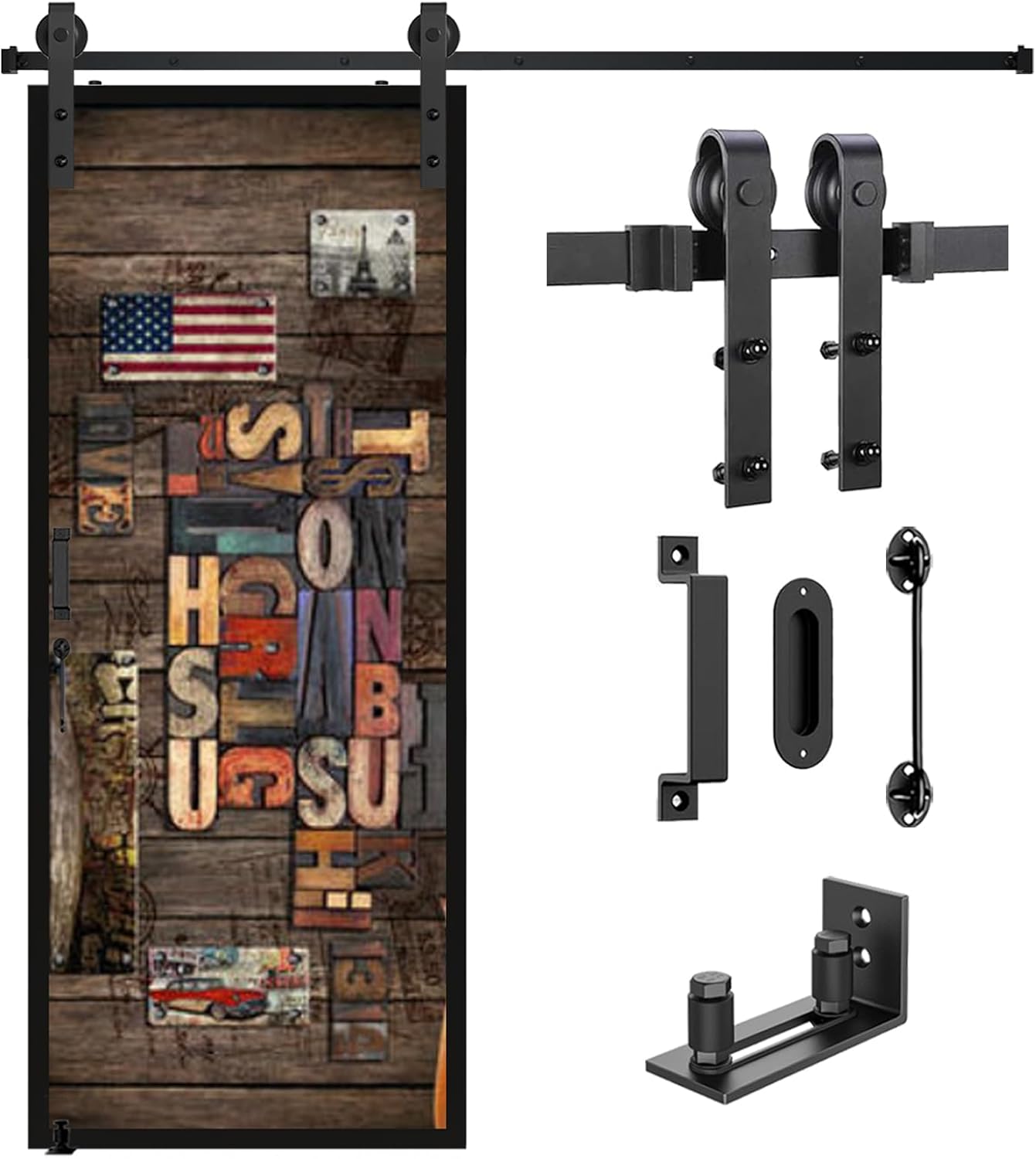 Heavy Duty Barn Door Hardware Kit with Adjustable Floor Guide, Handles, Lock - 6.6FT Single Kit - Smooth & Quiet Sliding Track - WildKart