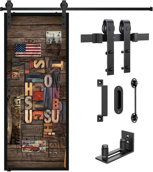 Heavy Duty Barn Door Hardware Kit with Adjustable Floor Guide, Handles, Lock - 6.6FT Single Kit - Smooth & Quiet Sliding Track - WildKart
