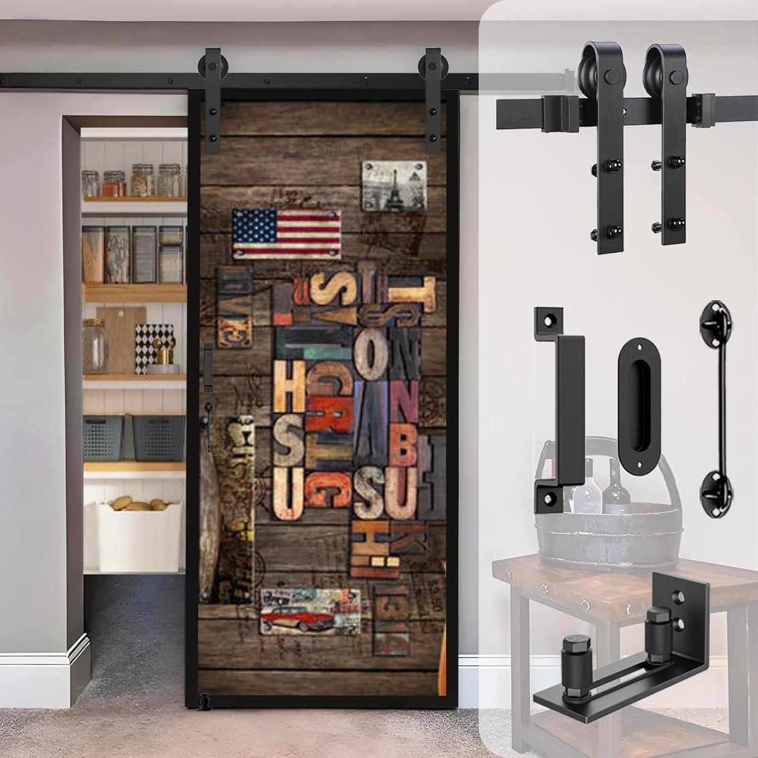 Heavy Duty Barn Door Hardware Kit with Adjustable Floor Guide, Handles, Lock - 6.6FT Single Kit - Smooth & Quiet Sliding Track - WildKart