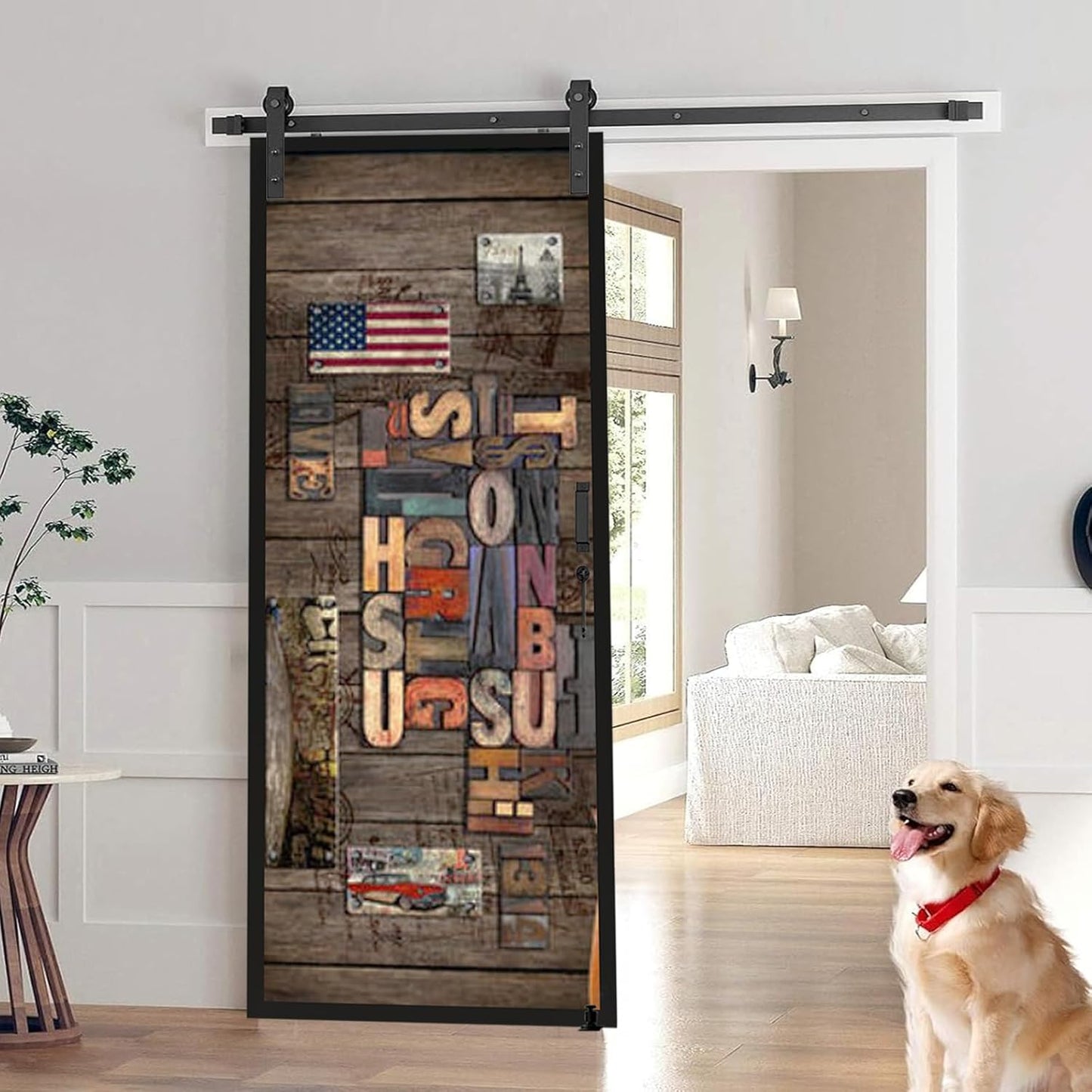 Heavy Duty Barn Door Hardware Kit with Adjustable Floor Guide, Handles, Lock - 6.6FT Single Kit - Smooth & Quiet Sliding Track - WildKart