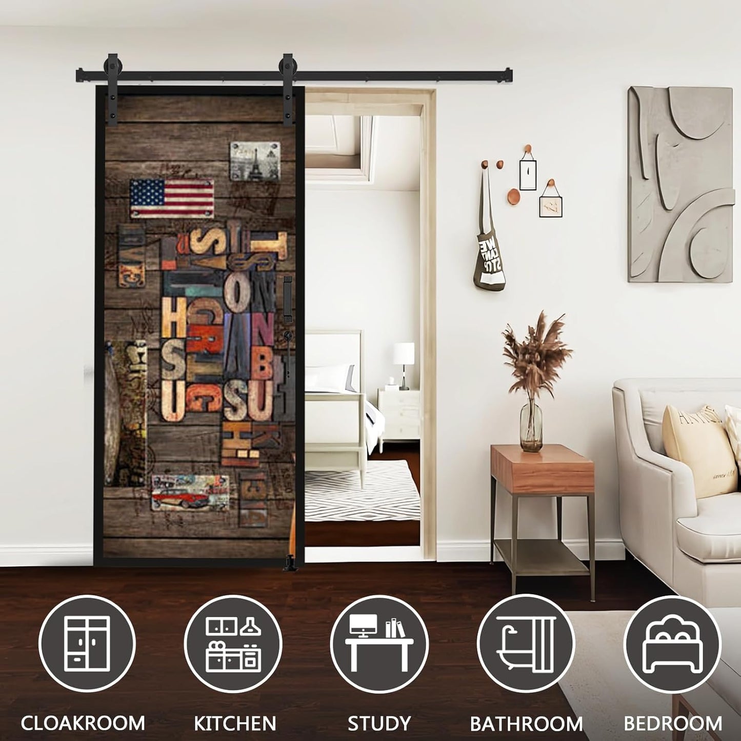 Heavy Duty Barn Door Hardware Kit with Adjustable Floor Guide, Handles, Lock - 6.6FT Single Kit - Smooth & Quiet Sliding Track - WildKart