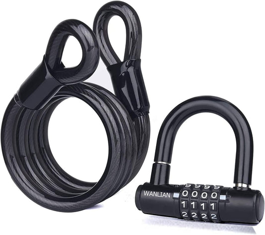 Heavy Duty Bicycle Chain Lock with 4-Digit Padlock and Steel Cable - 12mm Shackle, 10mm x 1.8m Cable - Motorcycle Lock Kit