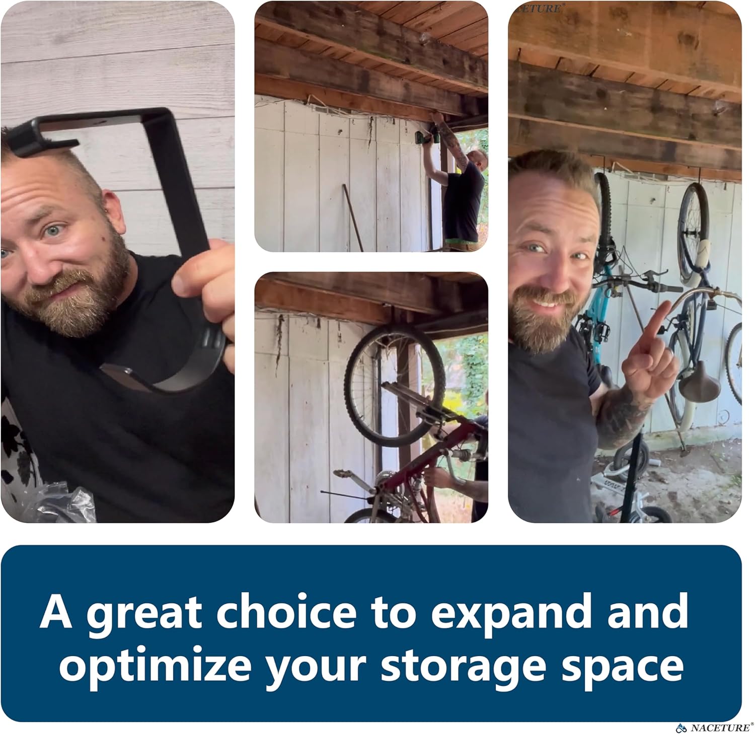 Heavy Duty Bike Hooks for Garage Ceiling Mount Rack - 4X8 Overhead Storage Rack for Hanging Bicycles, Includes Flat Hooks and Wall Hangers (4 Pack)