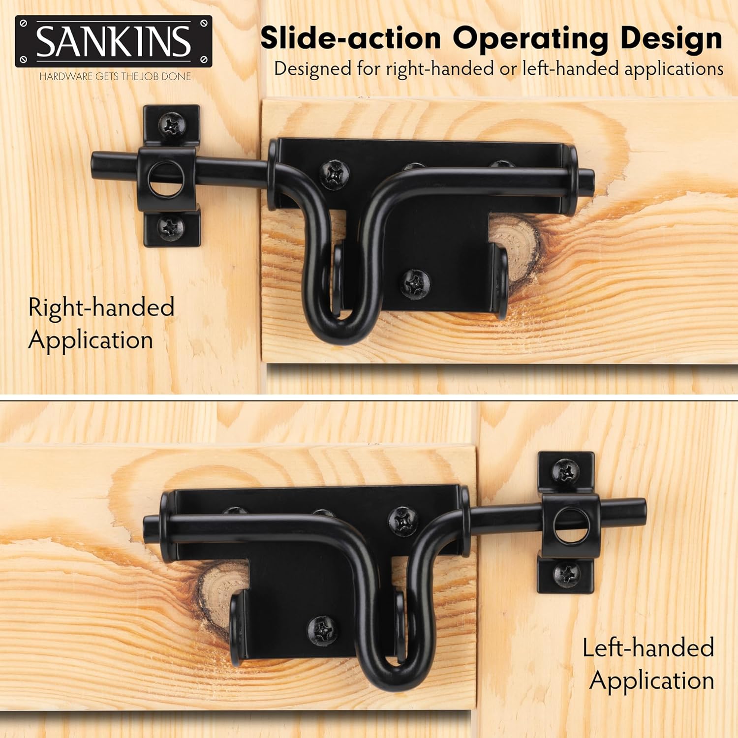 Heavy Duty Black Slide Bolt Gate Latch Set for Wooden Fence - 2 Pieces with Padlock Hole - Ideal for Vinyl Fence, Barn, Shed, and More