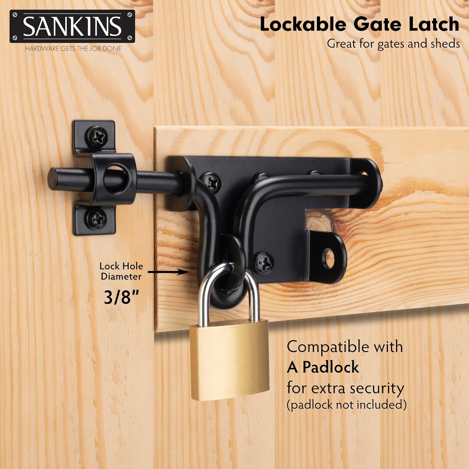 Heavy Duty Black Slide Bolt Gate Latch Set for Wooden Fence - 2 Pieces with Padlock Hole - Ideal for Vinyl Fence, Barn, Shed, and More