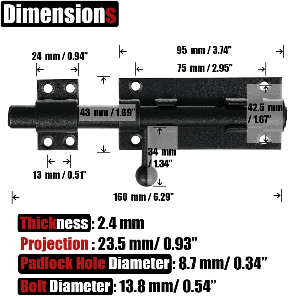 Heavy Duty Black Sliding Bolt Gate Latch 6.3 Inch, 2 Pack Interior Door Latches with Padlock Hole - 304 Stainless Steel Bar Bolt, Thick 2.4mm - DL300-BK-P2
