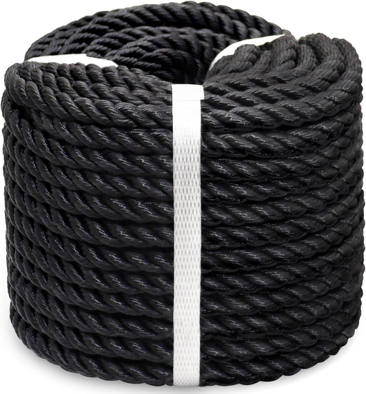 Heavy Duty BONSINY Black Twisted Polyester Rope - 3/8" x 100' Utility Rope for Swing, Camping, Sailing, and Pulling - Outdoor Rope
