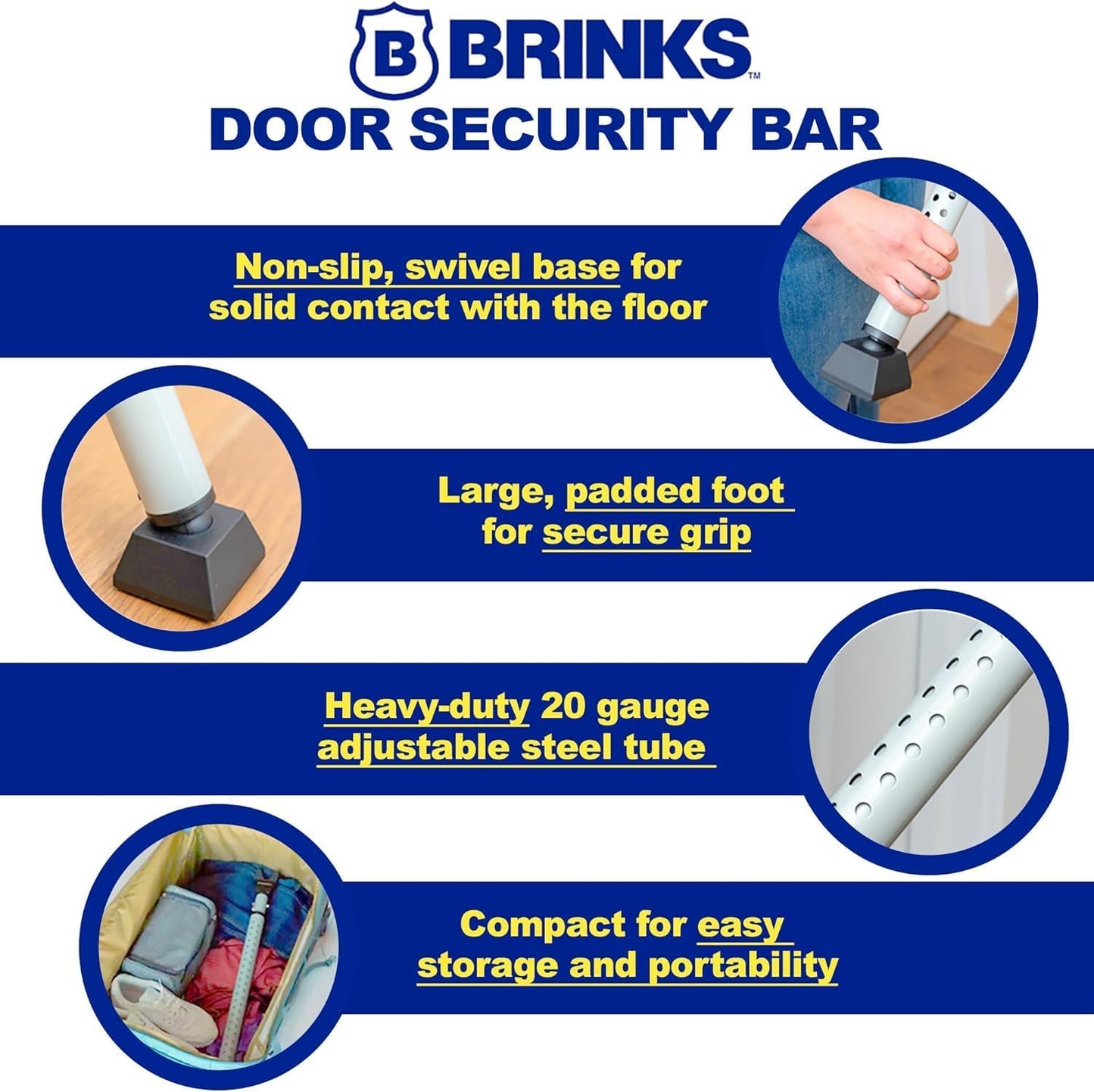 Heavy Duty BRINKS Security Bundle: 50mm Dial Combination Padlock & Portable Door Security Bar - Adjustable Door Jammer for Travel, Home, and More
