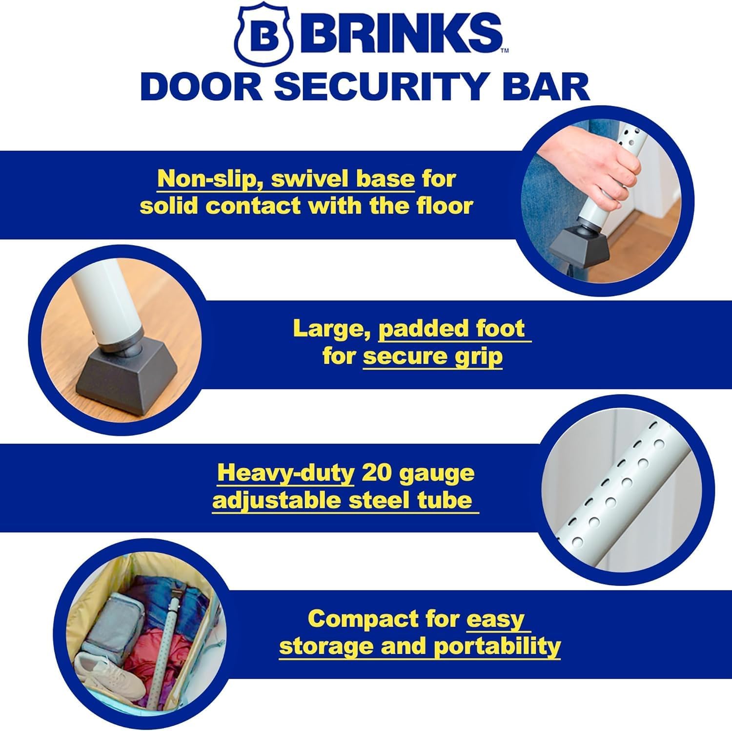 Heavy Duty BRINKS Security Bundle: 50mm Dial Combination Padlock & Portable Door Security Bar - Adjustable Door Jammer for Travel, Home, and More