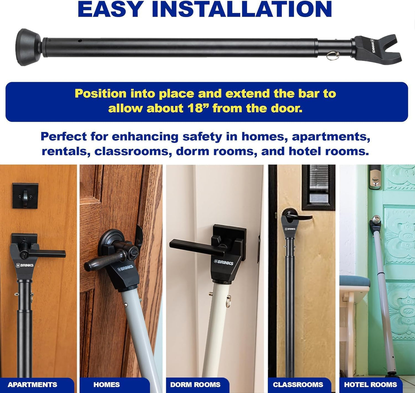 Heavy Duty BRINKS Security Bundle: 50mm Dial Combination Padlock & Portable Door Security Bar - Adjustable Door Jammer for Travel, Home, and More