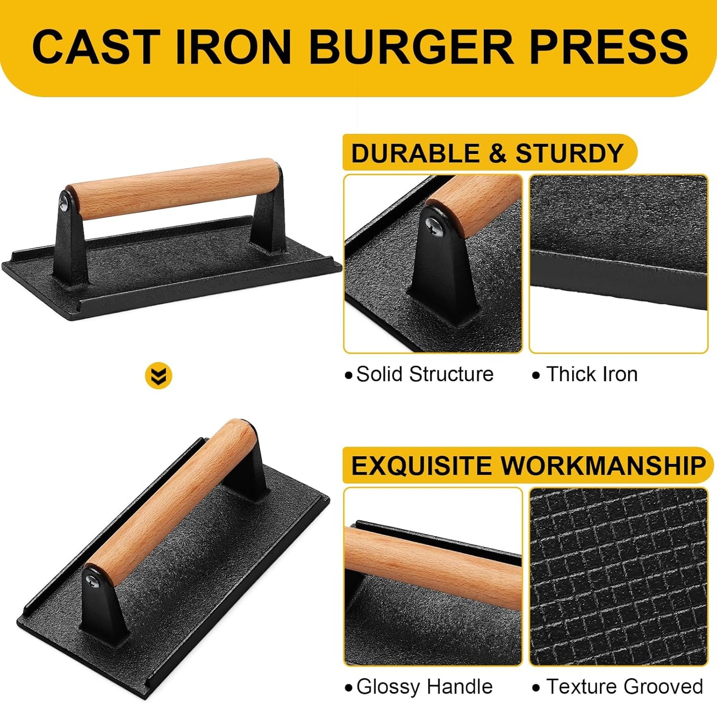 Heavy Duty Cast Iron Burger Press for Blackstone Griddle - Rectangular Smash Burger Press with Wood Handle - Ideal for Bacon, Sandwiches, Paninis - 8.2x4.2 Inches