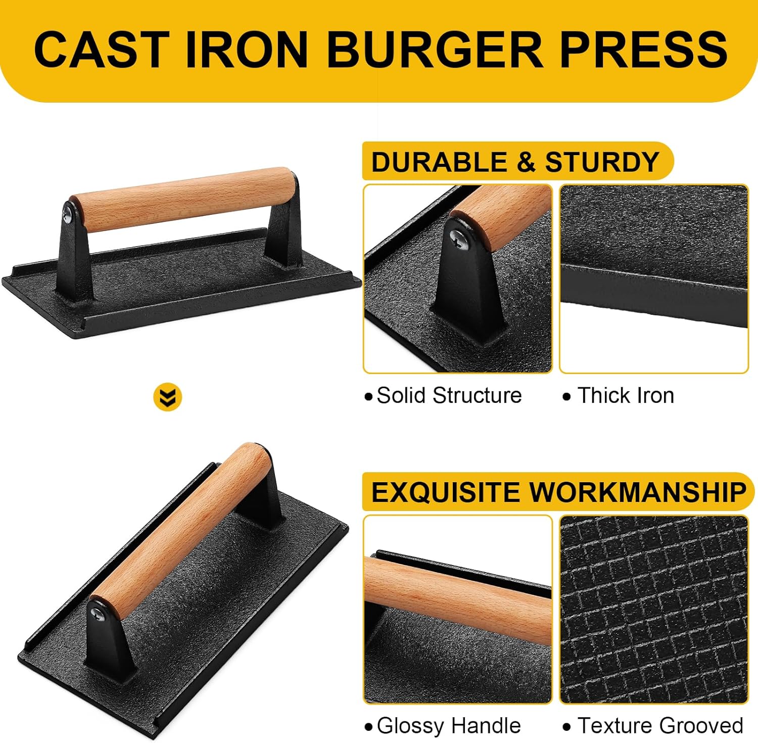 Heavy Duty Cast Iron Burger Press for Blackstone Griddle - Rectangular Smash Burger Press with Wood Handle - Ideal for Bacon, Sandwiches, Paninis - 8.2x4.2 Inches