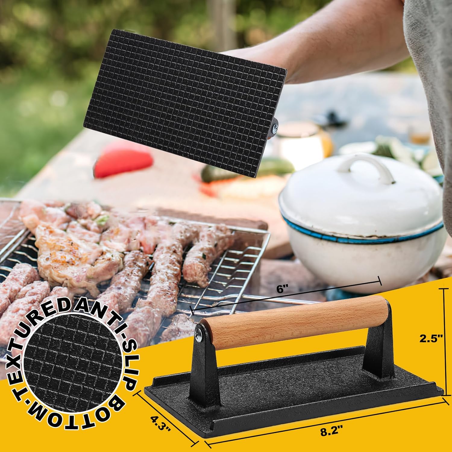 Heavy Duty Cast Iron Burger Press for Blackstone Griddle - Rectangular Smash Burger Press with Wood Handle - Ideal for Bacon, Sandwiches, Paninis - 8.2x4.2 Inches