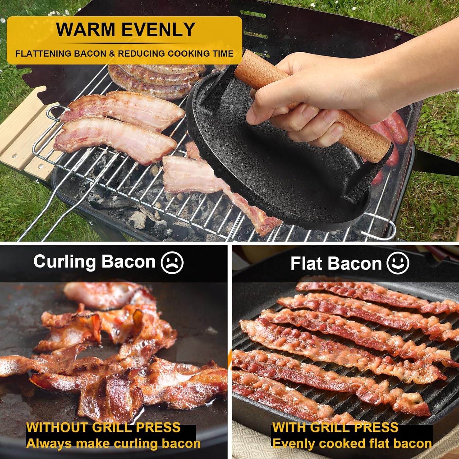 Heavy Duty Cast Iron Burger Press for Blackstone Griddle - Rectangular Smash Burger Press with Wood Handle - Ideal for Bacon, Sandwiches, Paninis - 8.2x4.2 Inches