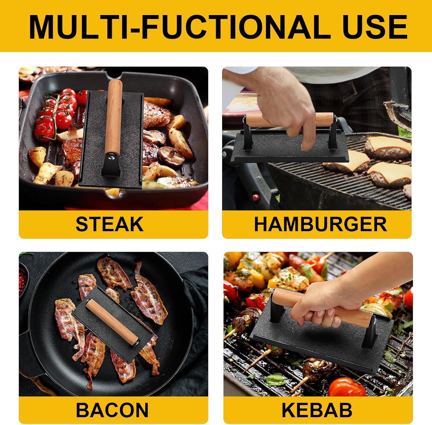 Heavy Duty Cast Iron Burger Press for Blackstone Griddle - Rectangular Smash Burger Press with Wood Handle - Ideal for Bacon, Sandwiches, Paninis - 8.2x4.2 Inches