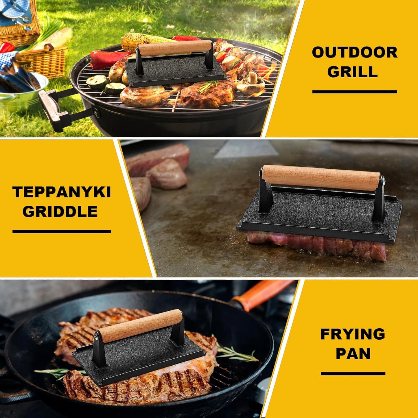 Heavy Duty Cast Iron Burger Press for Blackstone Griddle - Rectangular Smash Burger Press with Wood Handle - Ideal for Bacon, Sandwiches, Paninis - 8.2x4.2 Inches