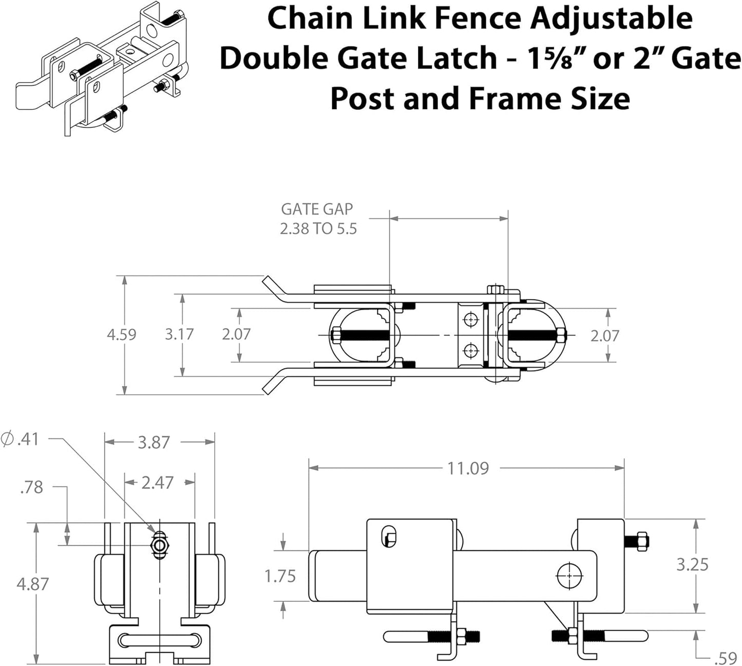 Heavy Duty Chain Link Fence Double Gate Latch for Swing Gates - Fits 1-5/8" or 2" Frames - Strong Arm Design