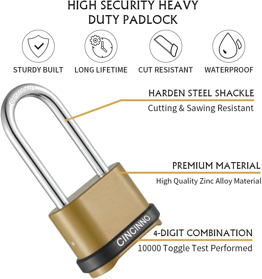 Heavy Duty CINCINNO 4 Digit Combination Lock with Long Shackle for Outdoor Use - Ideal for Sheds, Lockers, Storage Units, Gyms, and Gates - WildKart