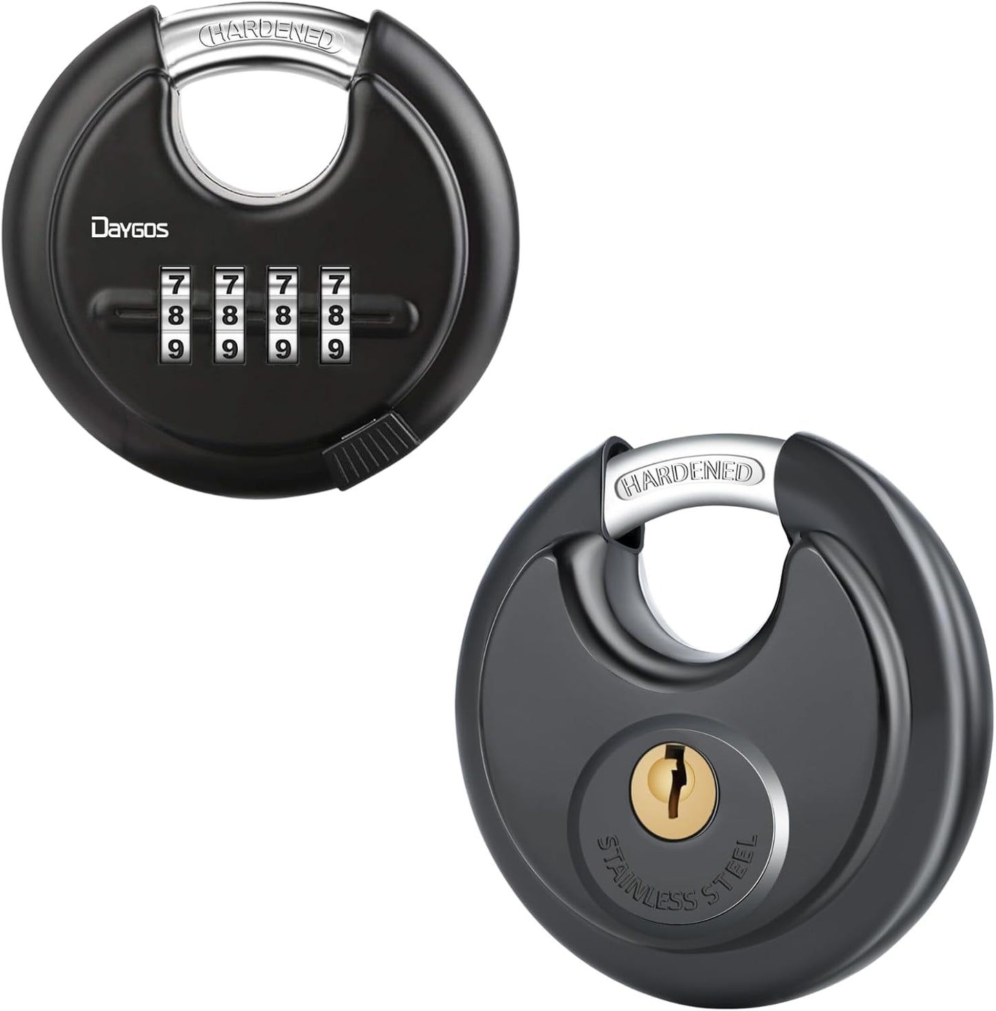 Heavy Duty Combination and Keyed Padlocks for Outdoor Storage, Gates, and Fences - Set of DAYGOS Disc Padlocks