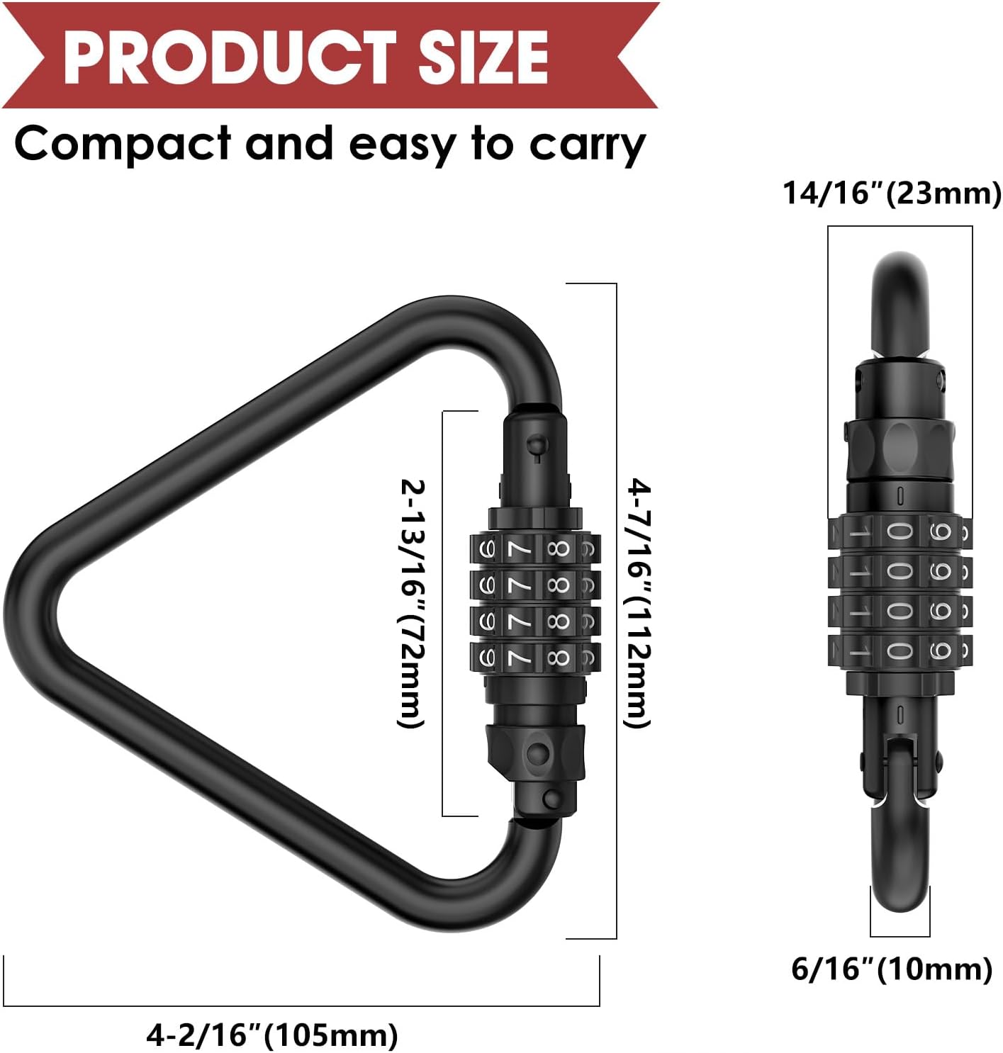 Heavy Duty Combination Locks with Carabiner Clip - 4-Digit Triangles Code for Bike, Suitcase, Travel Bag (2 Pack, Black)