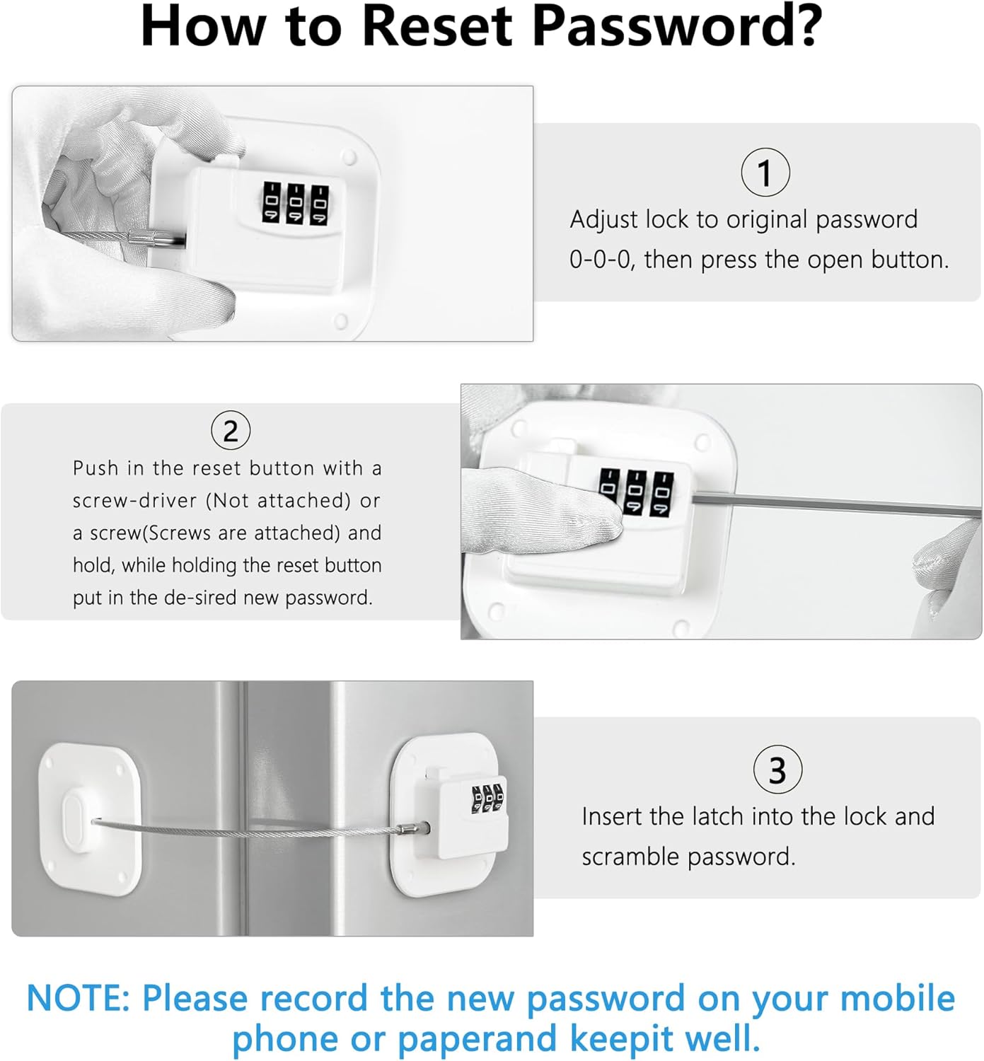 Heavy Duty Combination Refrigerator Lock for Cabinets and Drawers - Easy Installation, No Key Required - White (1 Pack)