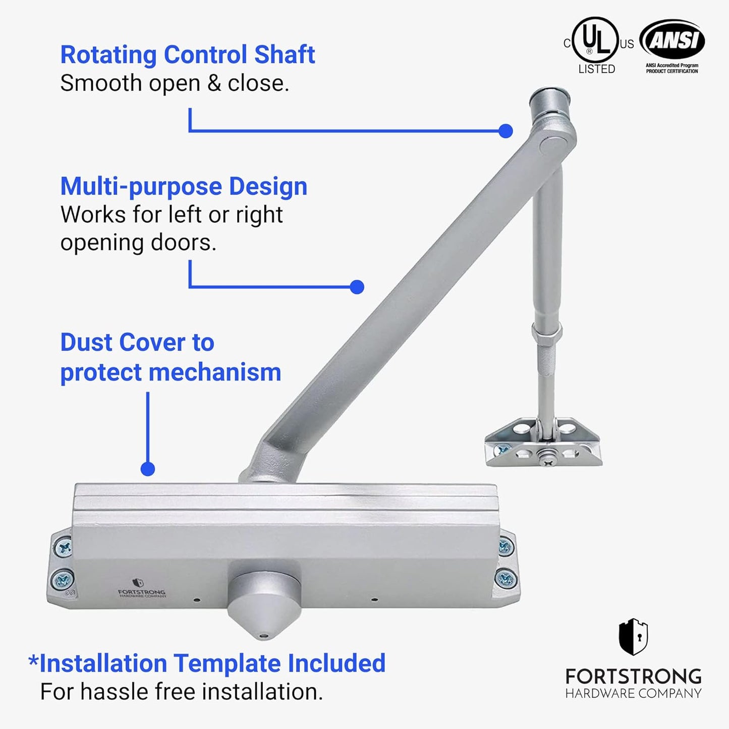 Heavy Duty Commercial Door Closer (Silver) - UL Listed Grade 1 ADA Hydraulic Automatic Door Closer - FS-7600