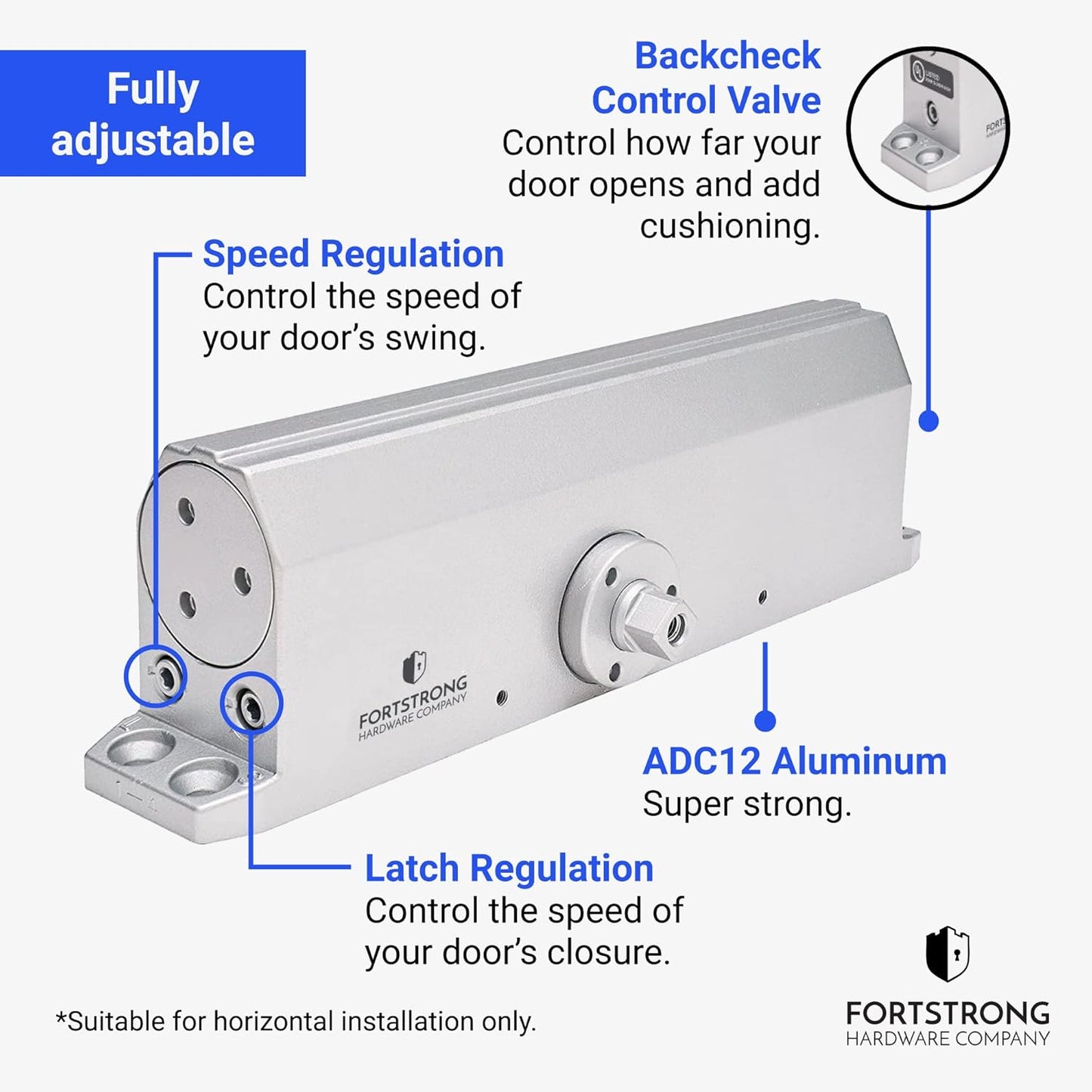 Heavy Duty Commercial Door Closer (Silver) - UL Listed Grade 1 ADA Hydraulic Automatic Door Closer - FS-7600