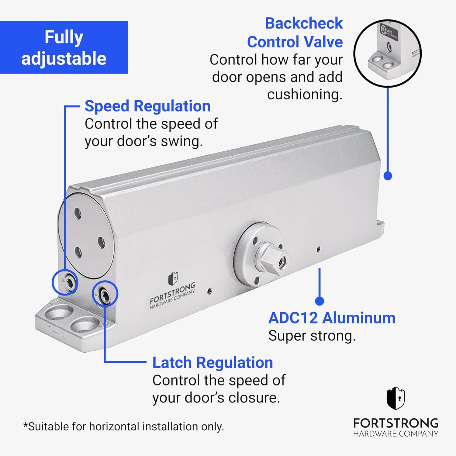 Heavy Duty Commercial Door Closer (Silver) - UL Listed Grade 1 ADA Hydraulic Automatic Door Closer - FS-7600
