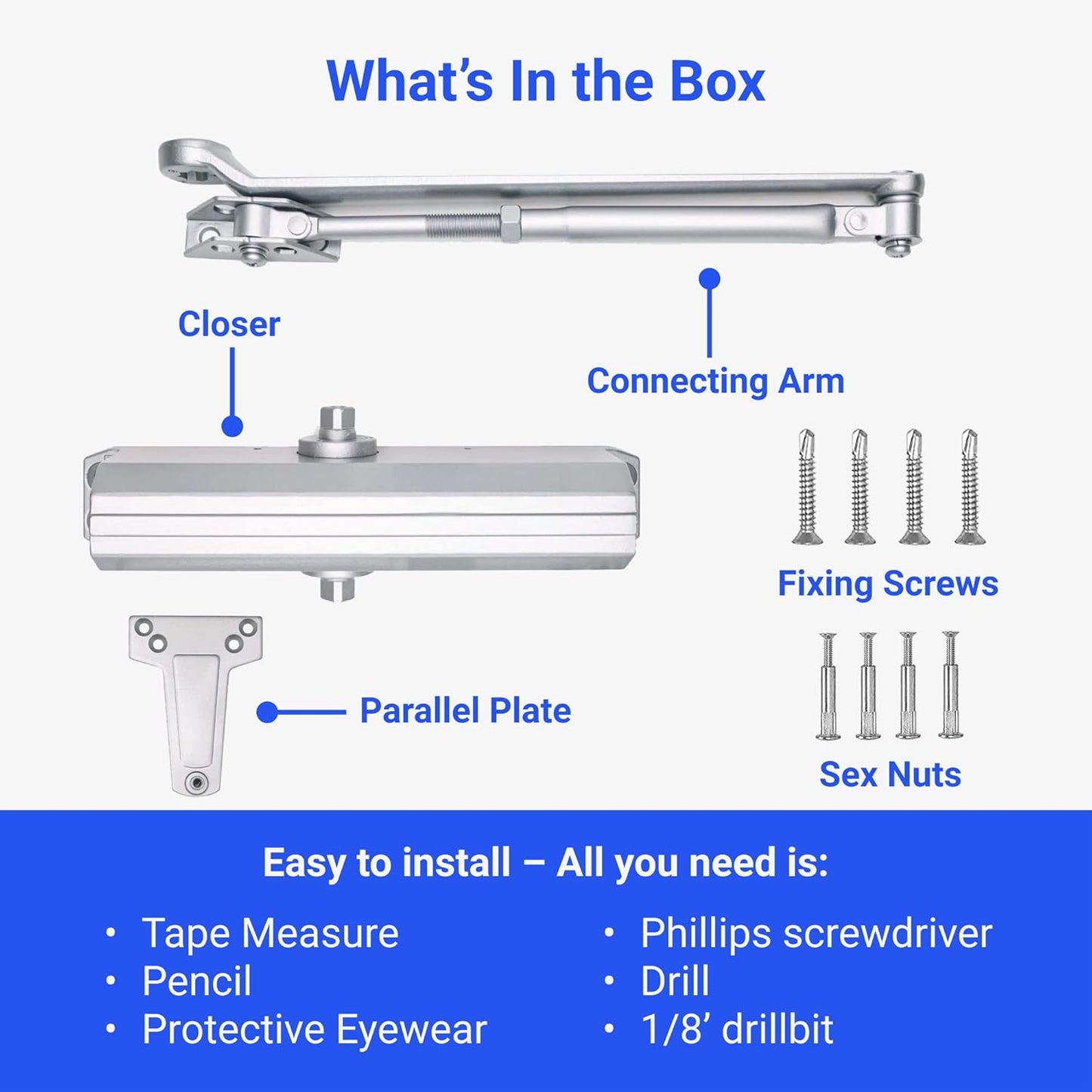 Heavy Duty Commercial Door Closer (Silver) - UL Listed Grade 1 ADA Hydraulic Automatic Door Closer - FS-7600