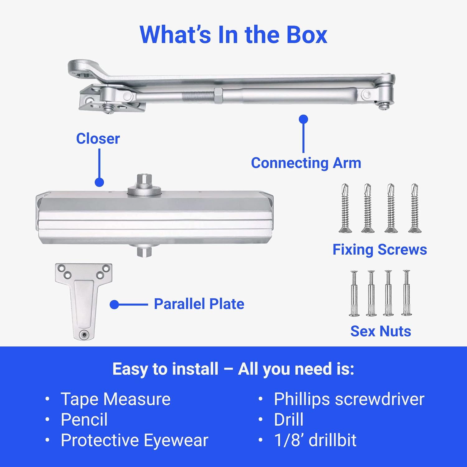 Heavy Duty Commercial Door Closer (Silver) - UL Listed Grade 1 ADA Hydraulic Automatic Door Closer - FS-7600