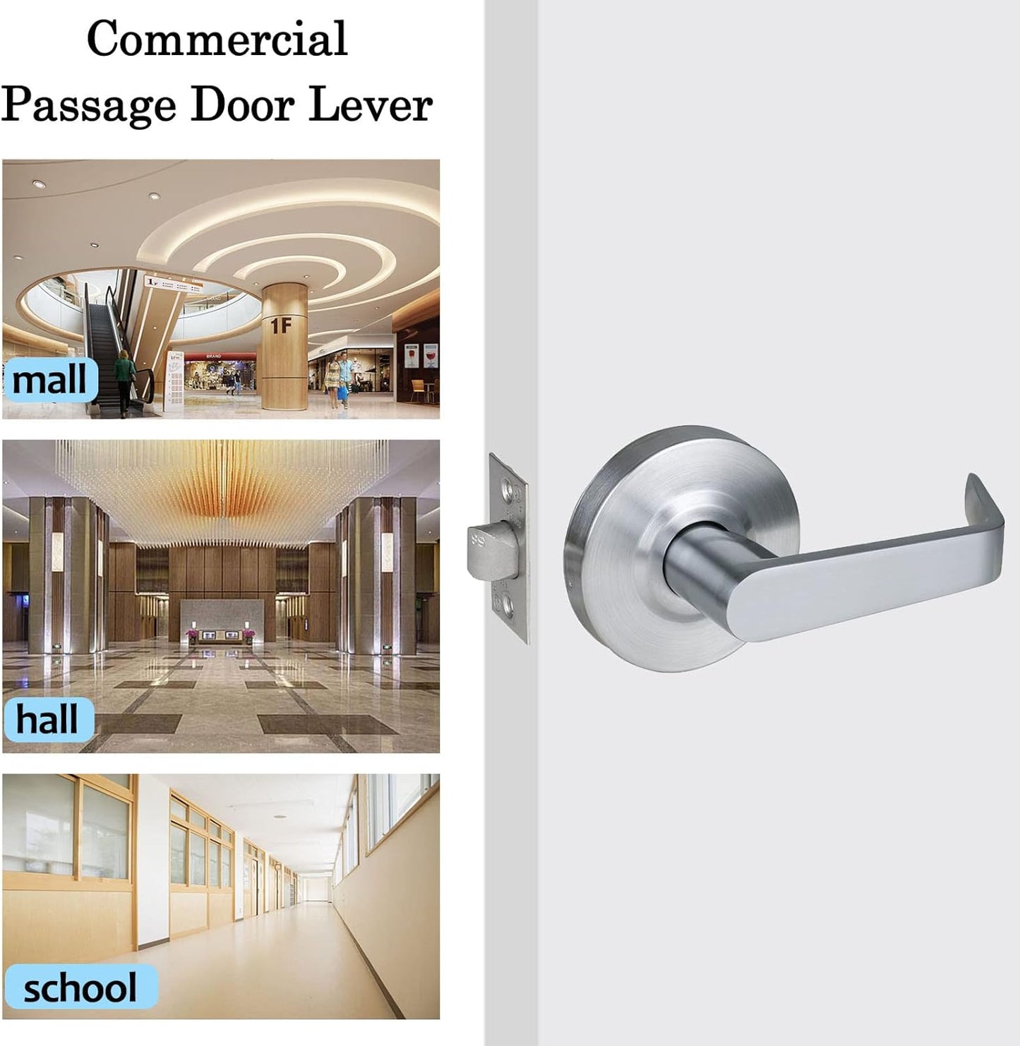 Heavy Duty Commercial Passage Door Lever Handle Set - Key-Less Hall & Closet Door Lever - Satin Chrome Finish - UL Listed & 3 Hour Fire Rated