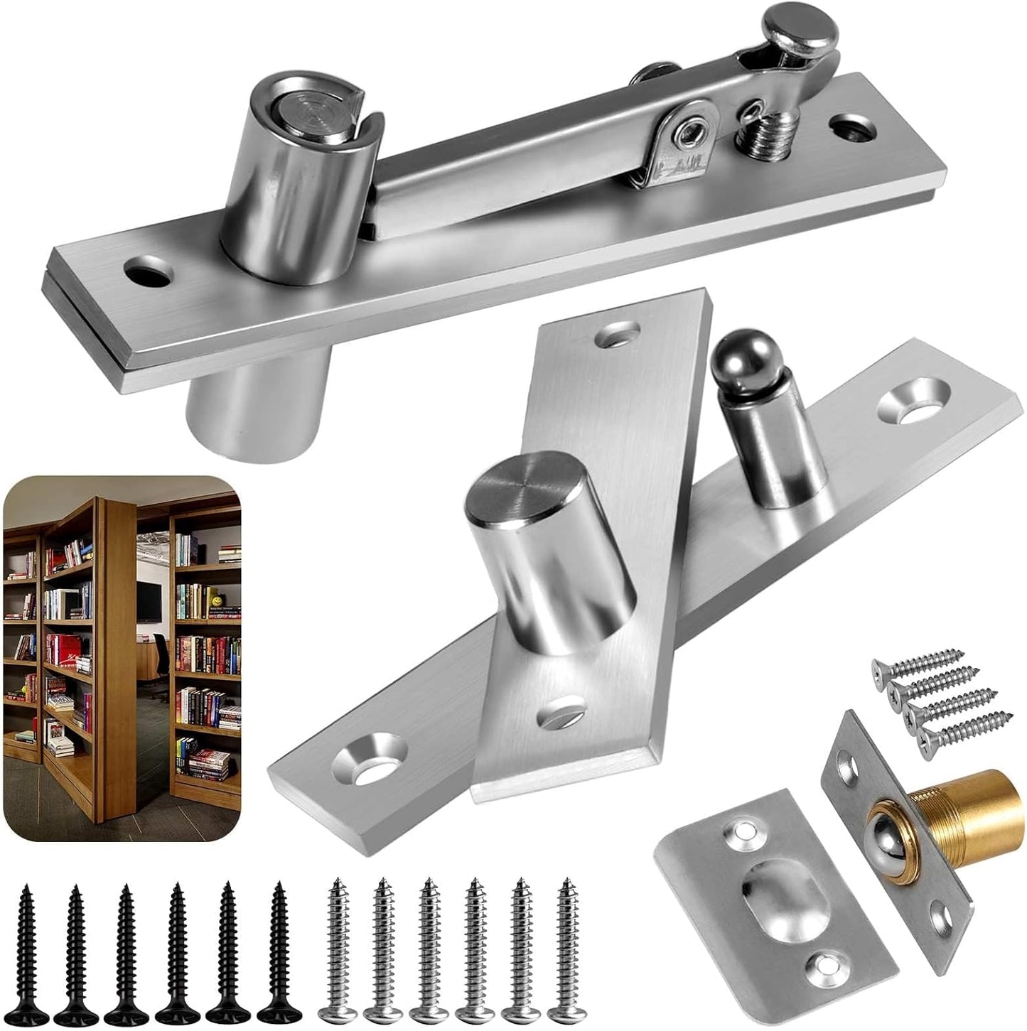 Heavy Duty Door Pivot Hinges with Ball Catch Hardware for 200 lb Wood Doors - Ideal for Hidden Bookcases and Secret Doors
