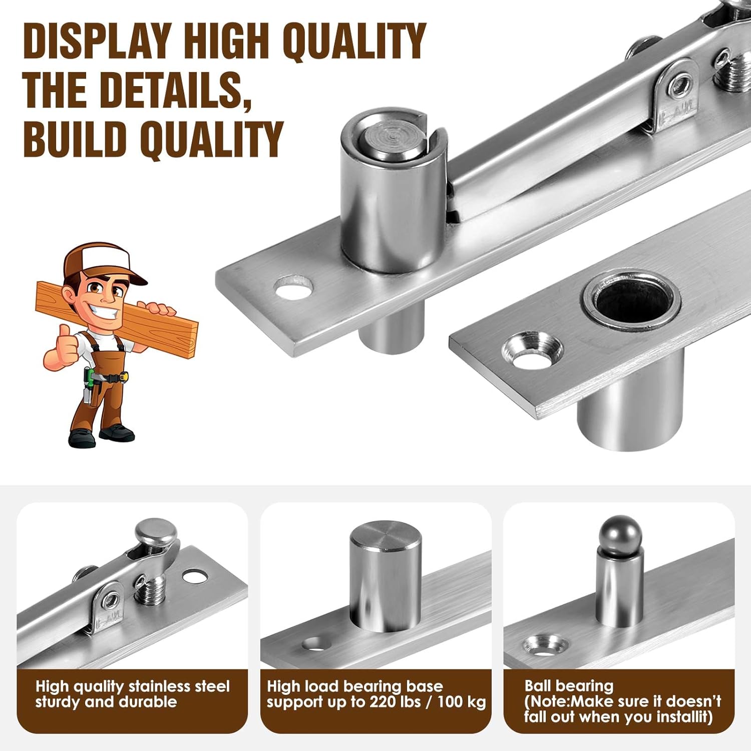 Heavy Duty Door Pivot Hinges with Ball Catch Hardware for 200 lb Wood Doors - Ideal for Hidden Bookcases and Secret Doors