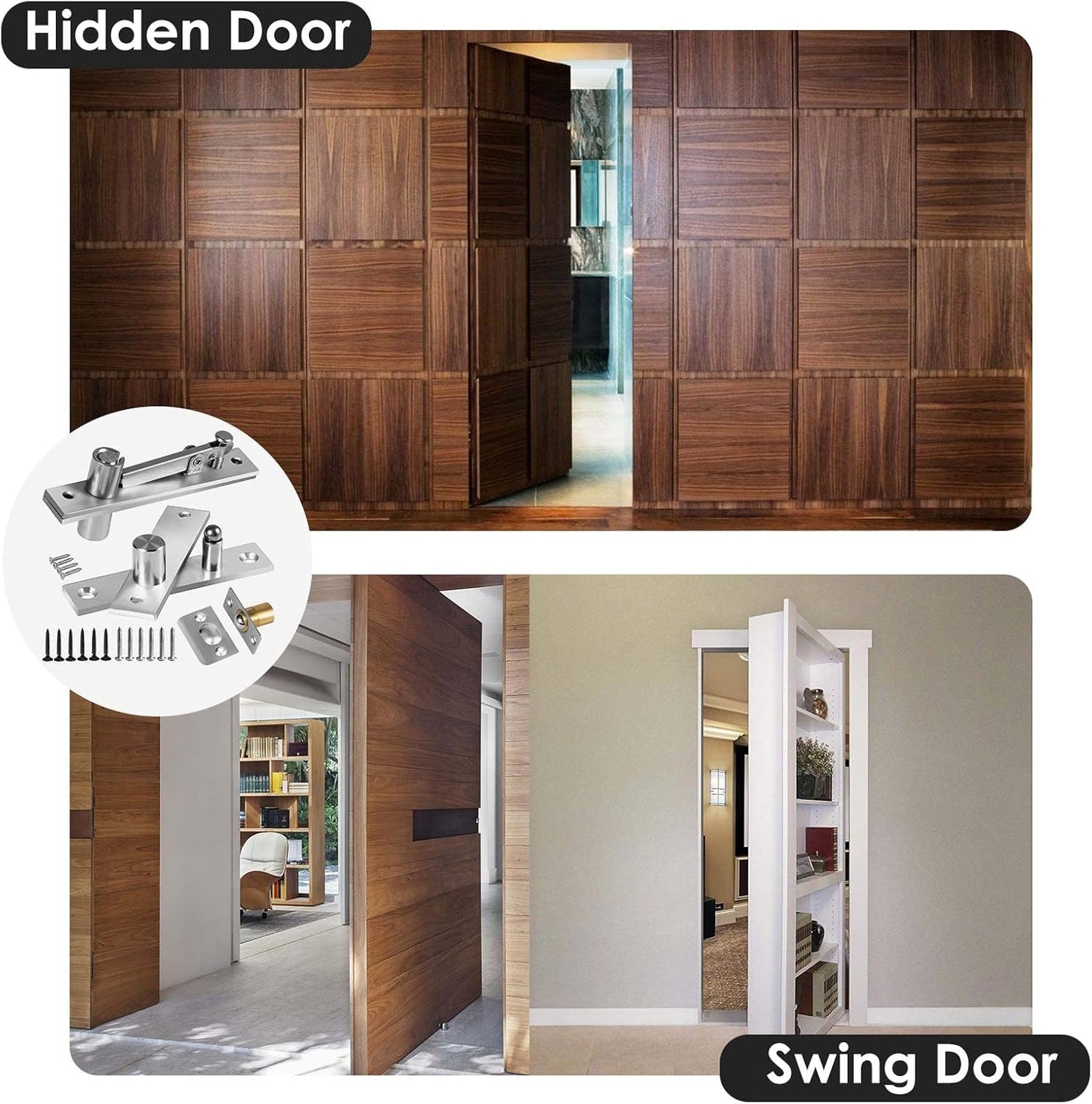 Heavy Duty Door Pivot Hinges with Ball Catch Hardware for 200 lb Wood Doors - Ideal for Hidden Bookcases and Secret Doors