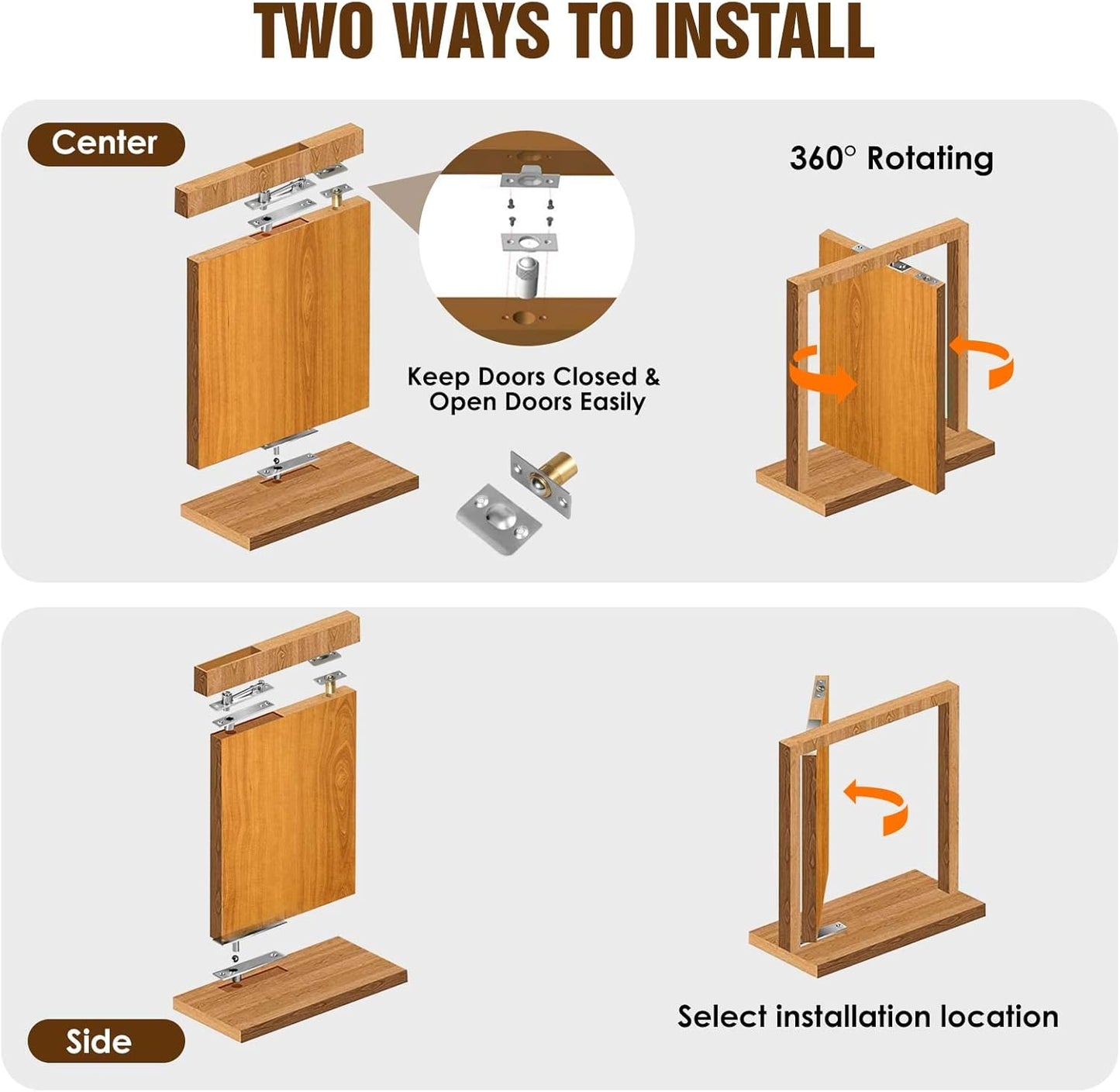 Heavy Duty Door Pivot Hinges with Ball Catch Hardware for 200 lb Wood Doors - Ideal for Hidden Bookcases and Secret Doors