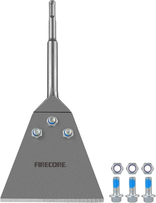 Heavy Duty Firecore SDS Plus Floor Scraper Tool for Tile Removal - 5" x 11" Chisel with Long Handle for Rotary Hammer Drill - Includes Spare Bolts and Locknuts - Thinset & Adhesives Remover FS22510