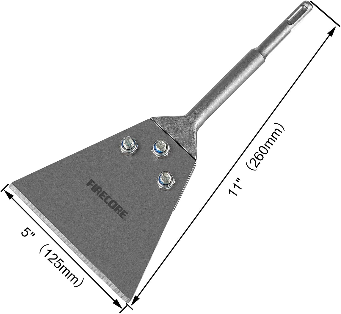 Heavy Duty Firecore SDS Plus Floor Scraper Tool for Tile Removal - 5" x 11" Chisel with Long Handle for Rotary Hammer Drill - Includes Spare Bolts and Locknuts - Thinset & Adhesives Remover FS22510
