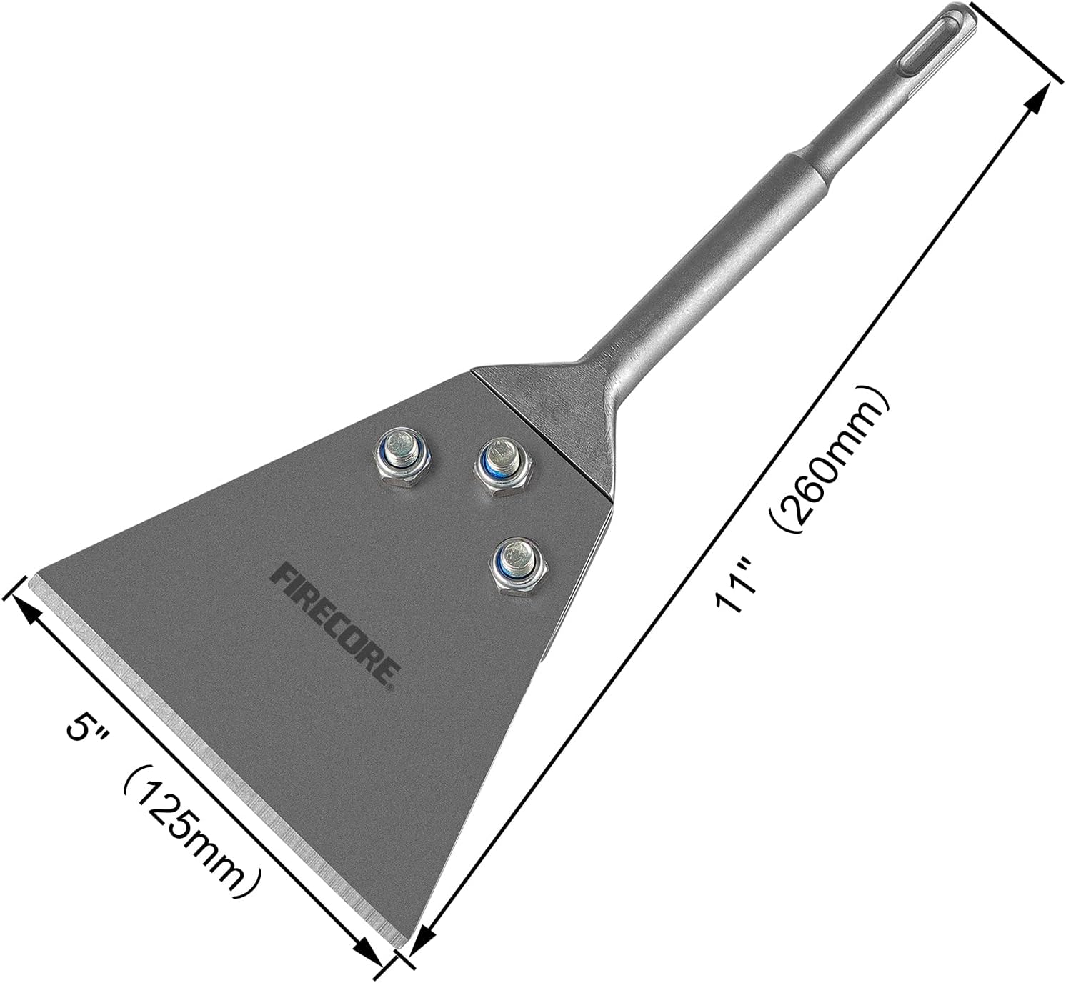 Heavy Duty Firecore SDS Plus Floor Scraper Tool for Tile Removal - 5" x 11" Chisel with Long Handle for Rotary Hammer Drill - Includes Spare Bolts and Locknuts - Thinset & Adhesives Remover FS22510
