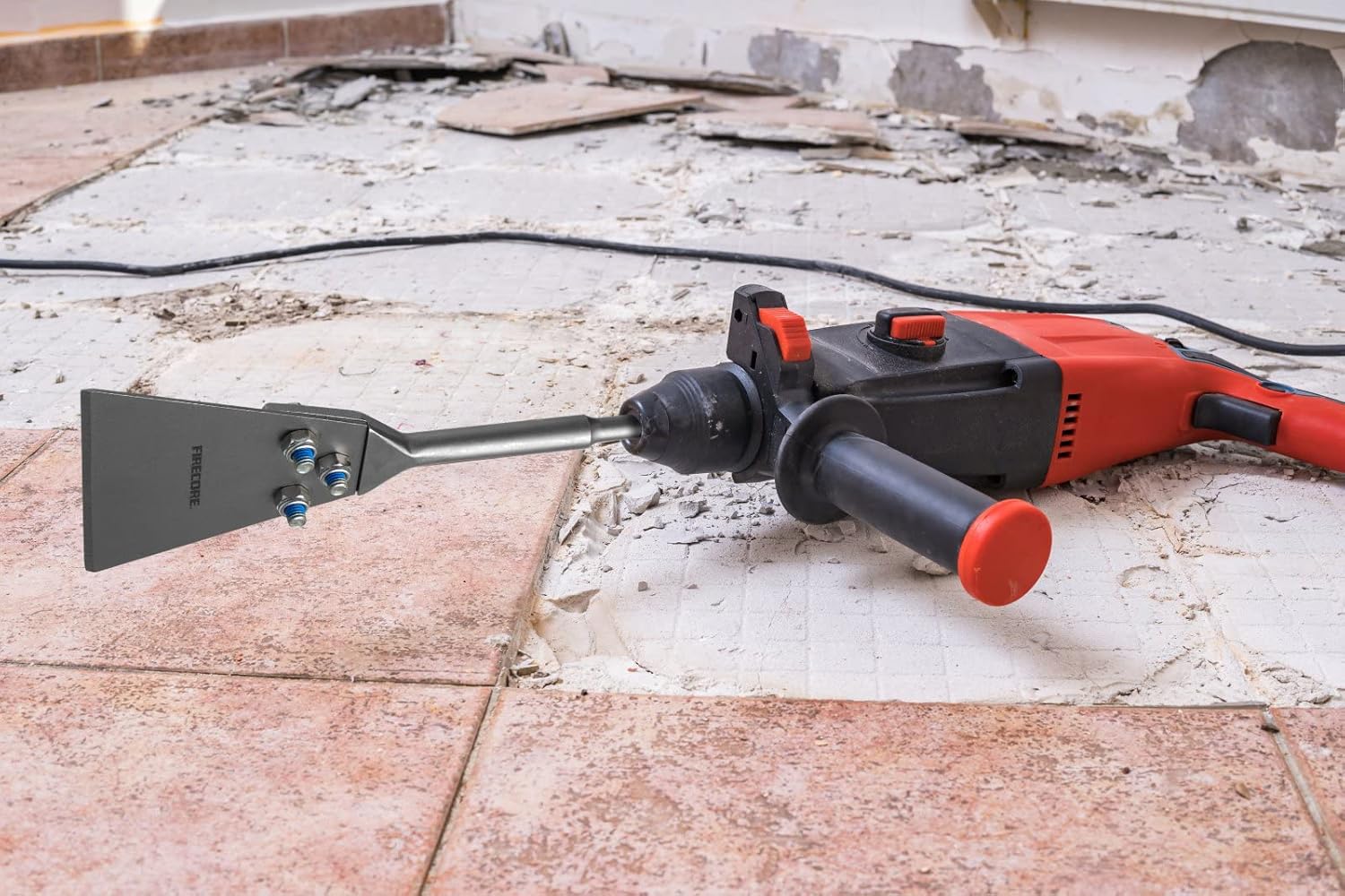 Heavy Duty Firecore SDS Plus Floor Scraper Tool for Tile Removal - 5" x 11" Chisel with Long Handle for Rotary Hammer Drill - Includes Spare Bolts and Locknuts - Thinset & Adhesives Remover FS22510