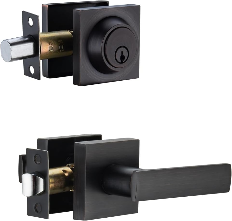 Heavy Duty Front Door Locksets with Single Cylinder Deadbolt & Square Exterior Lever Combination Set - Oil Rubbed Bronze