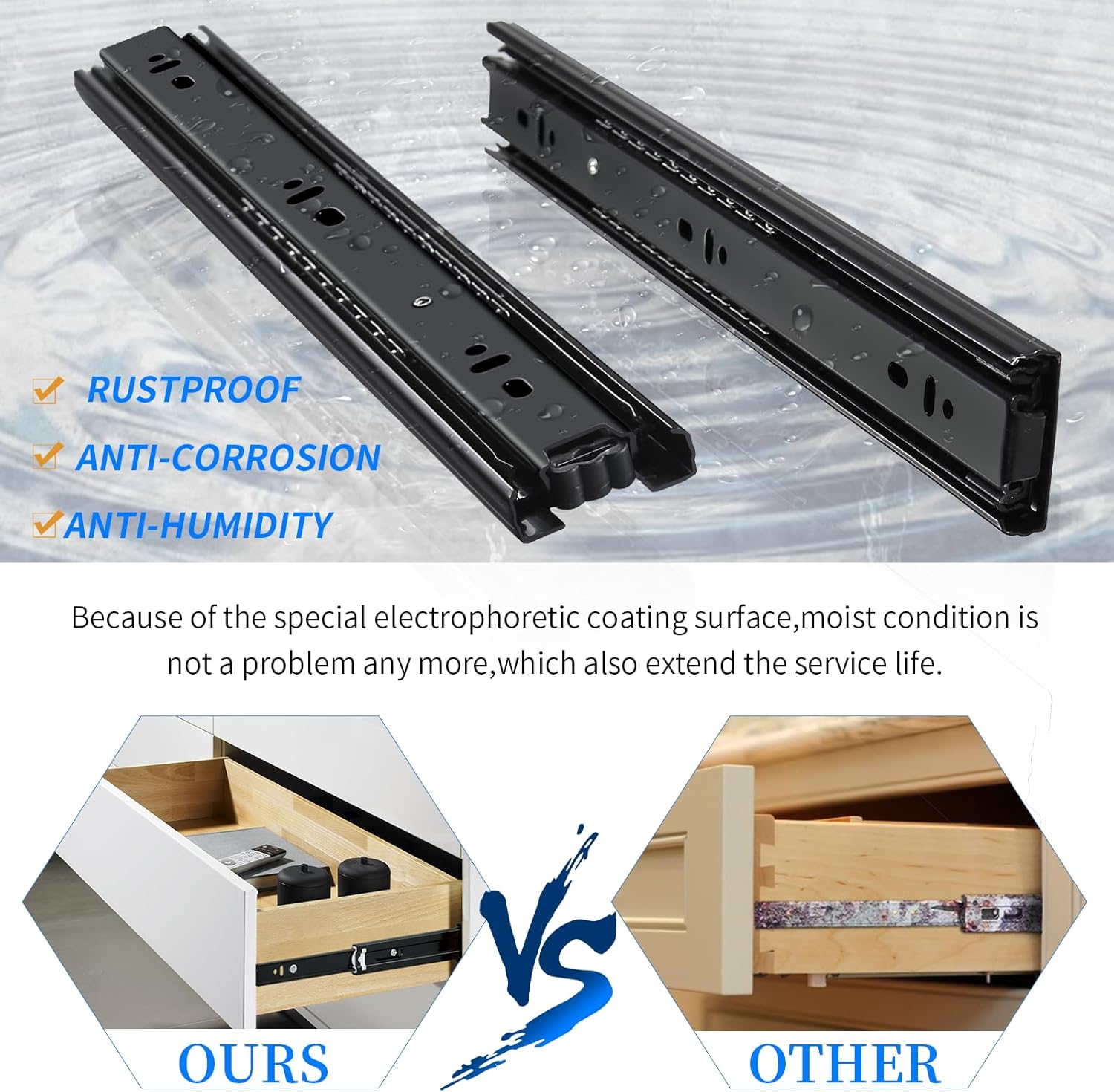 Heavy Duty Full Extension Drawer Slides Side Mount - 1 Pair, 10 Inch - Black Metal Ball Bearing Rails with 100 Pound Load Capacity