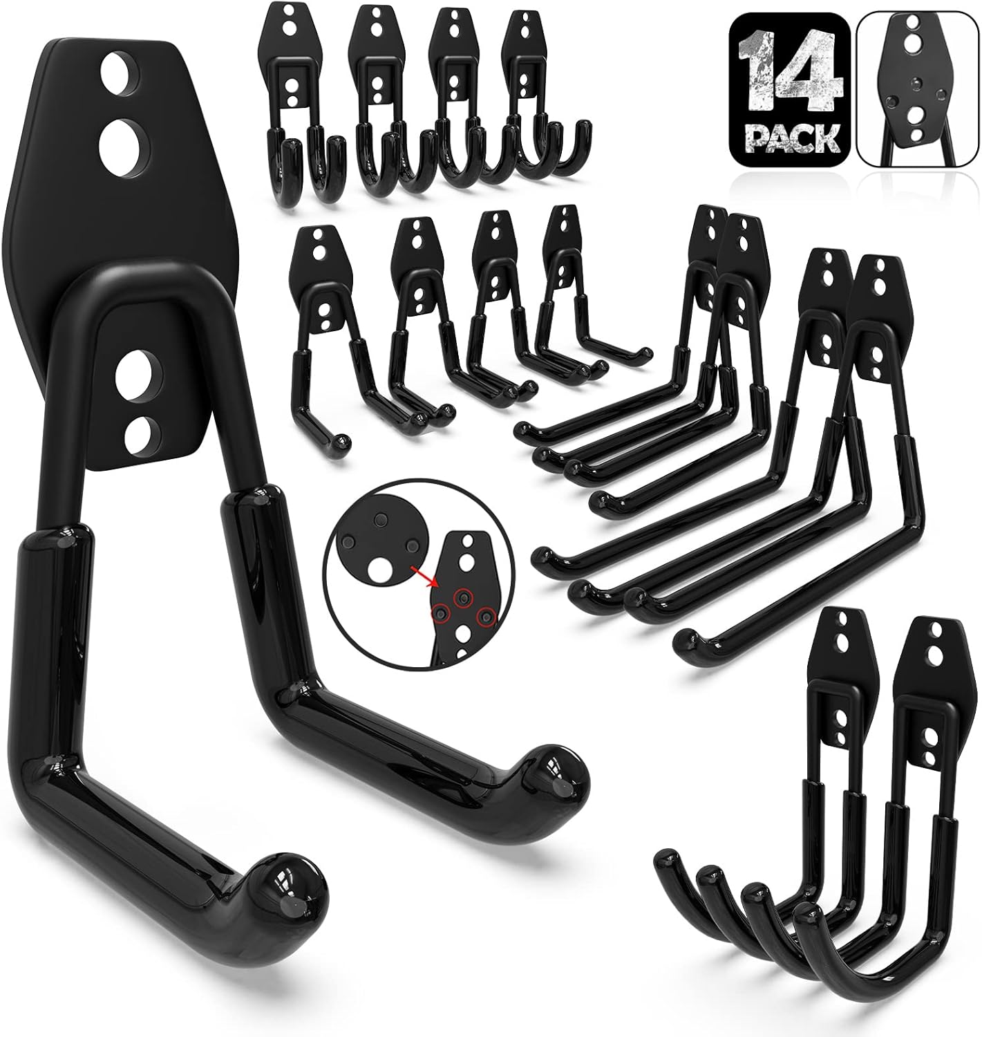 Heavy Duty Garage Wall Hooks Set - 14 Pack for Hanging Garden, Lawn, Yard Tools, Chairs, Ladders, WeedEater, Shovel, Blower - Black Color with Extra Welding Spots for Durability