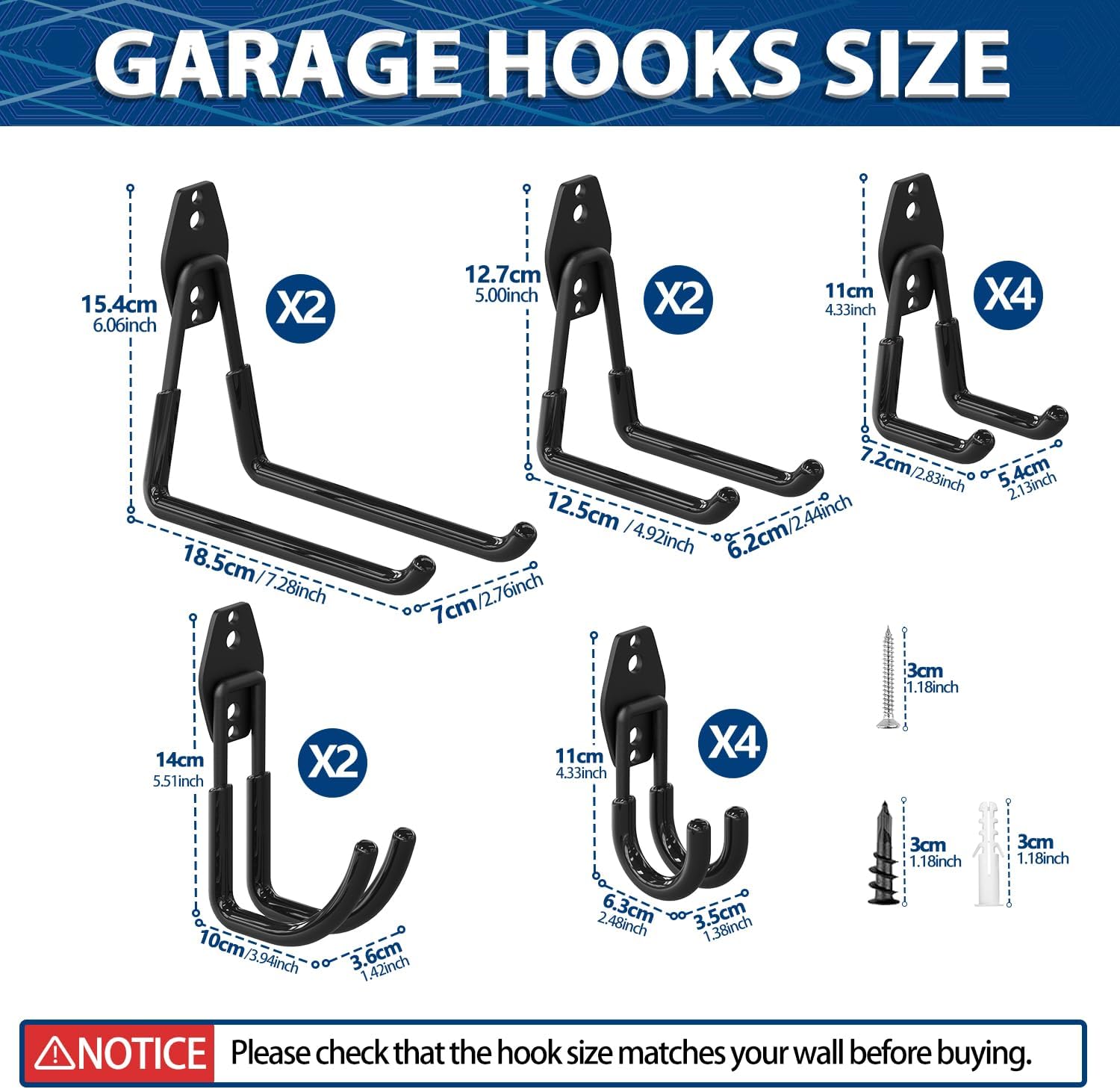 Heavy Duty Garage Wall Hooks Set - 14 Pack for Hanging Garden, Lawn, Yard Tools, Chairs, Ladders, WeedEater, Shovel, Blower - Black Color with Extra Welding Spots for Durability