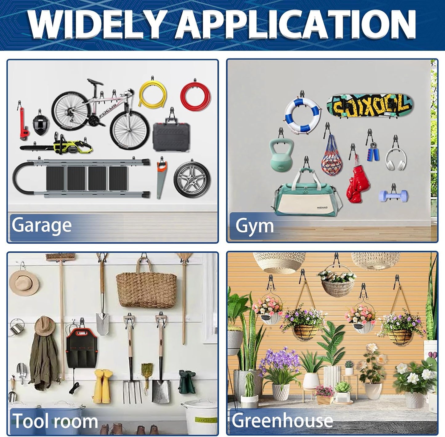 Heavy Duty Garage Wall Hooks Set - 14 Pack for Hanging Garden, Lawn, Yard Tools, Chairs, Ladders, WeedEater, Shovel, Blower - Black Color with Extra Welding Spots for Durability