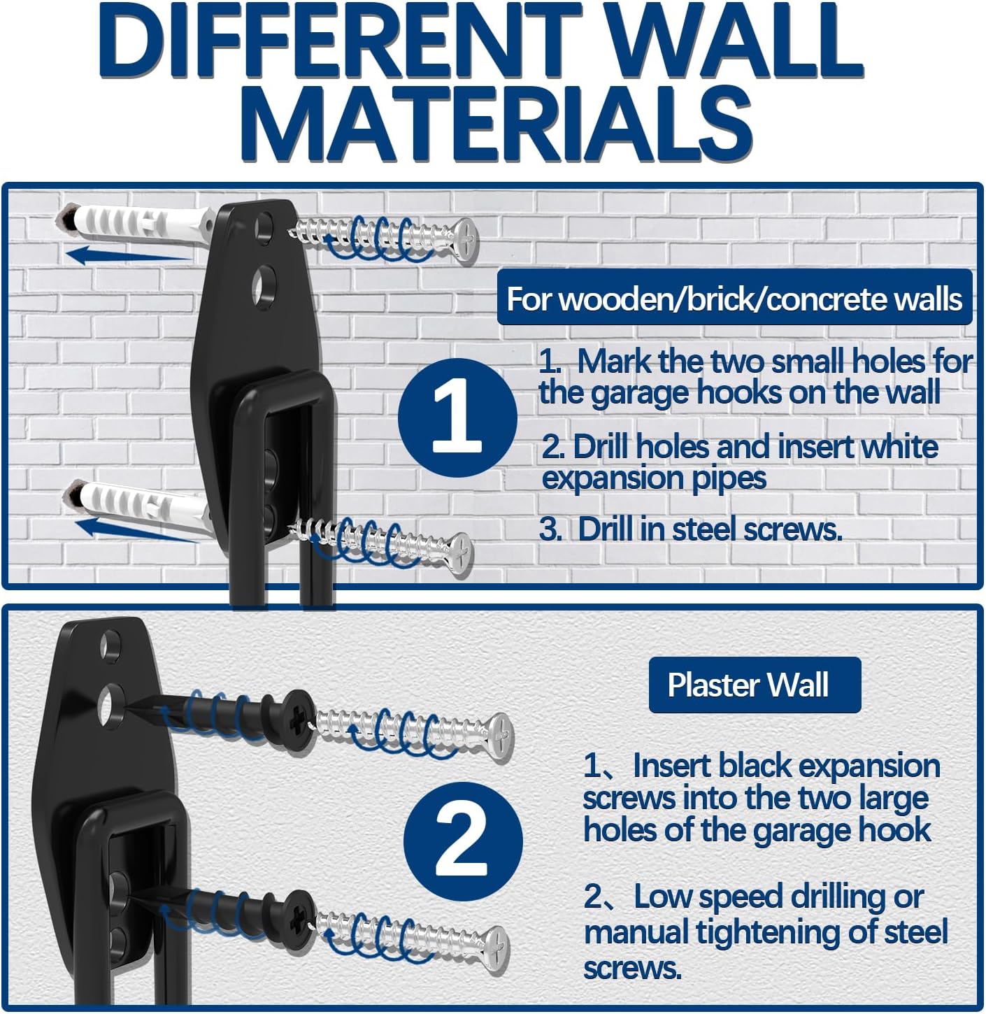 Heavy Duty Garage Wall Hooks Set - 14 Pack for Hanging Garden, Lawn, Yard Tools, Chairs, Ladders, WeedEater, Shovel, Blower - Black Color with Extra Welding Spots for Durability