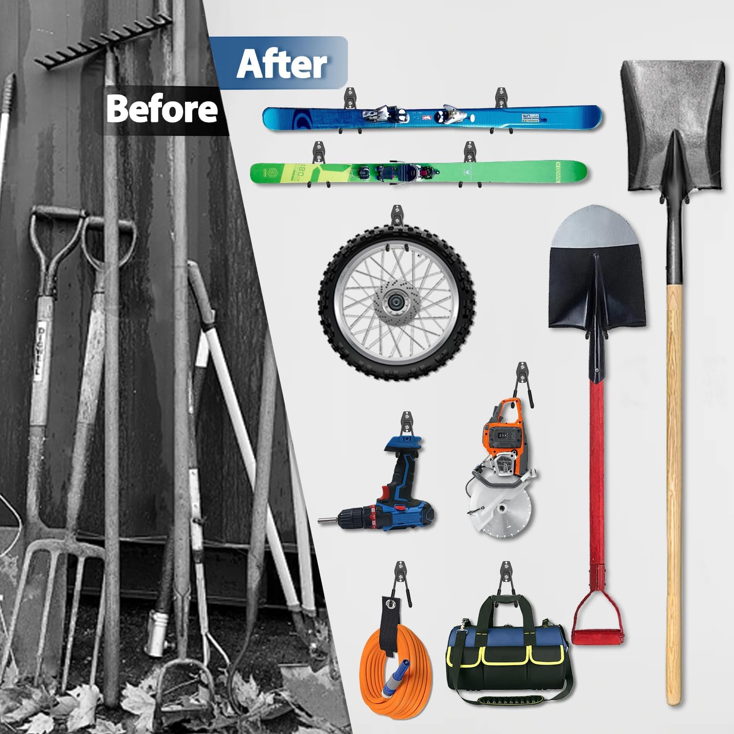 Heavy Duty Garage Wall Hooks Set - 14 Pack for Hanging Garden, Lawn, Yard Tools, Chairs, Ladders, WeedEater, Shovel, Blower - Black Color with Extra Welding Spots for Durability