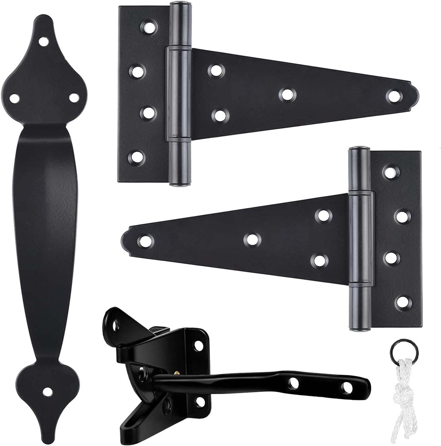 Heavy Duty Gate Hardware Kit with Self Locking Latch, 6" T-Strap Hinges, 10" Handle - Shed Door Set for Wooden Vinyl Fence, Farm, Garden - Black Finish - WildKart