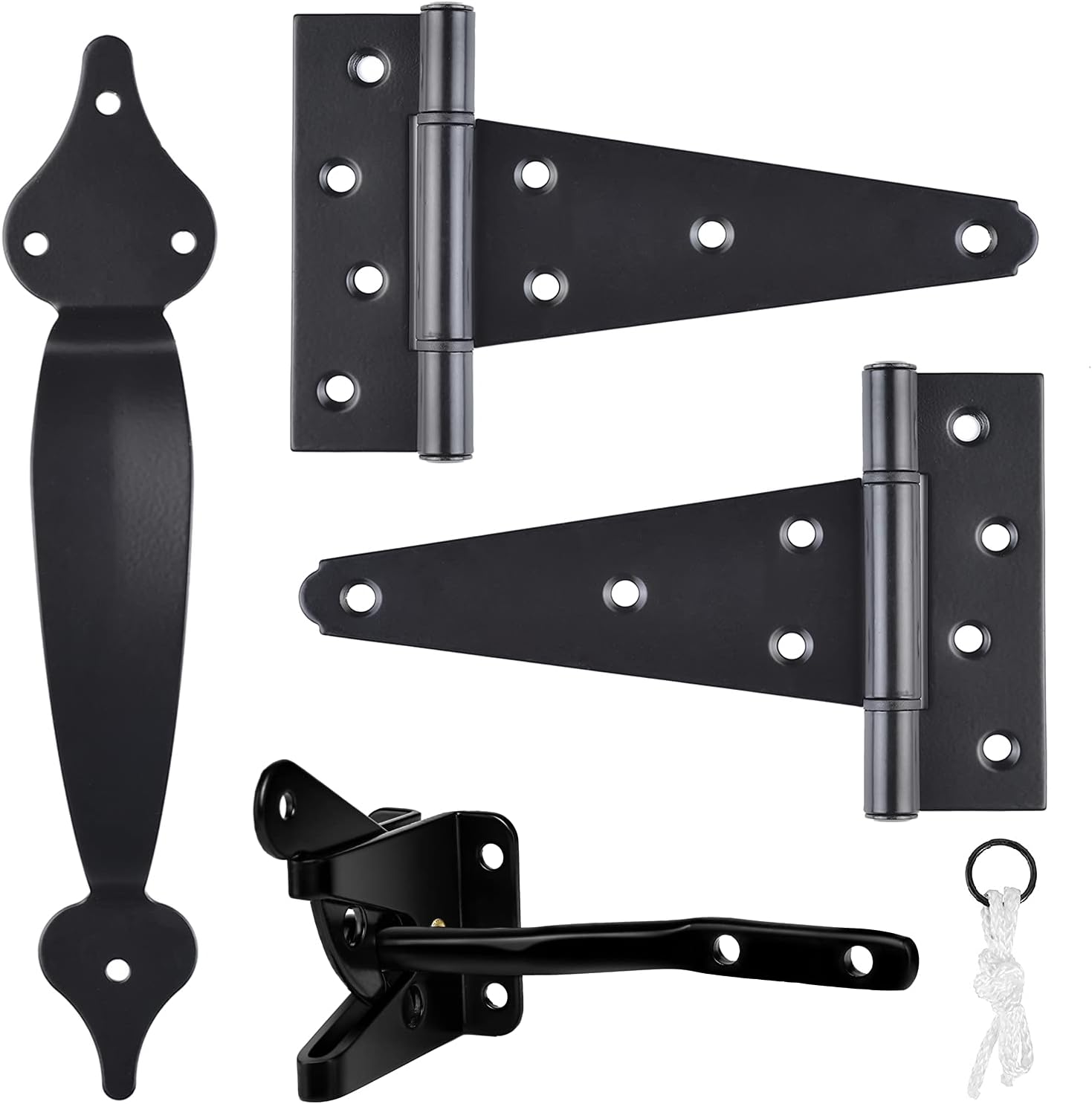 Heavy Duty Gate Hardware Kit with Self Locking Latch, 6" T-Strap Hinges, 10" Handle - Shed Door Set for Wooden Vinyl Fence, Farm, Garden - Black Finish - WildKart