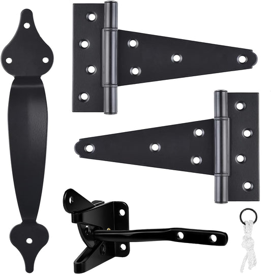 Heavy Duty Gate Hardware Kit with Self Locking Latch, 6" T-Strap Hinges, 10" Handle - Shed Door Set for Wooden Vinyl Fence, Farm, Garden - Black Finish - WildKart